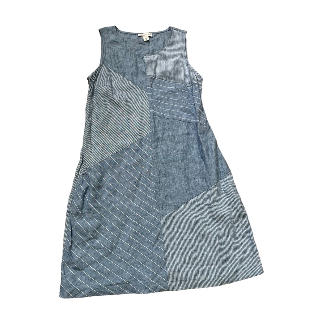 Light Blue Patchwork 100% Linen Sleeveless Dress